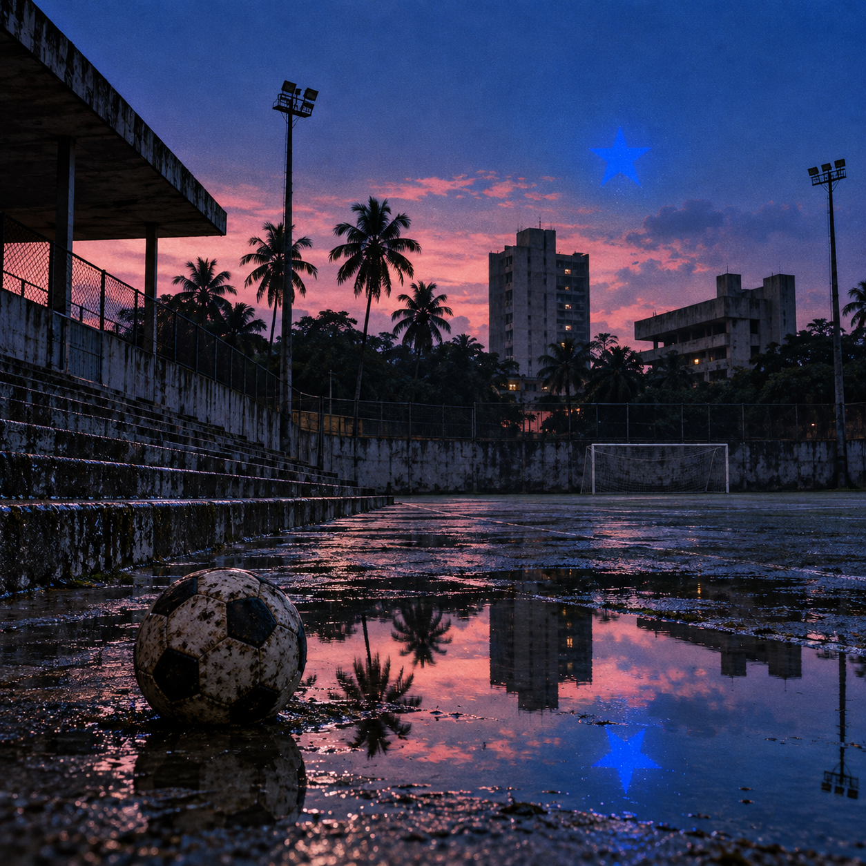 Terrain de football désert au crépuscule au Brésil, ballon sur le sol mouillé et étoile bleue