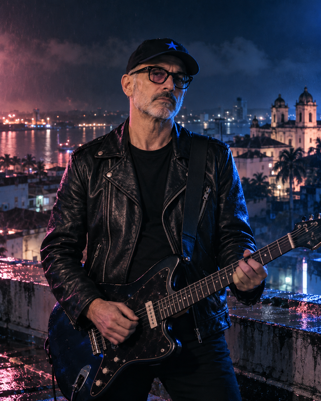 SC.69, casquette à étoile bleue et perfecto noir, guitare sur un rooftop nocturne